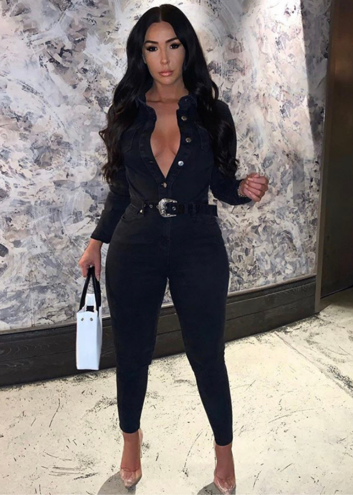 Black Angela Button Up Denim Jumpsuit & Western Belt