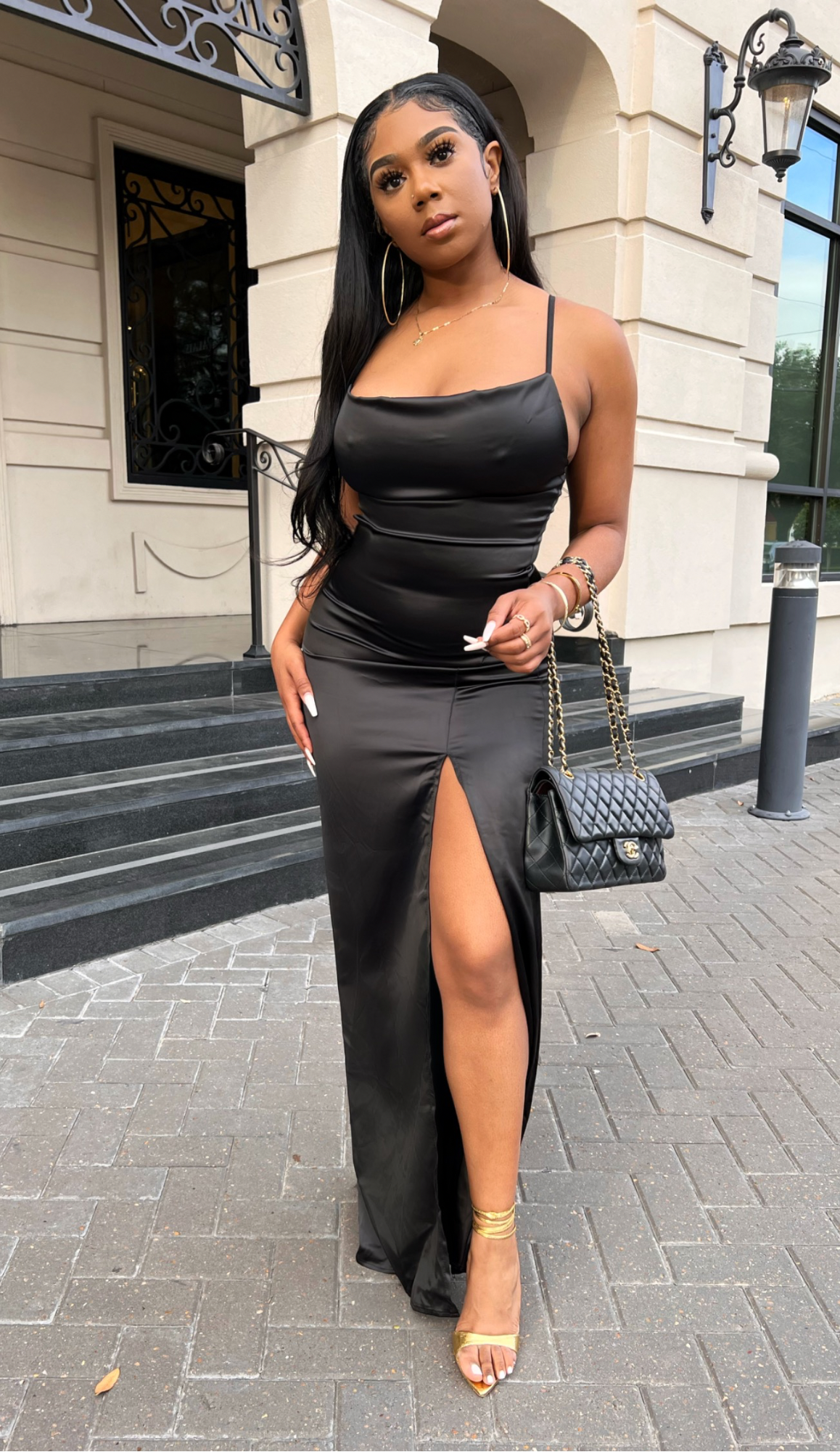Black Nicole Silk Split Thigh Maxi Dress