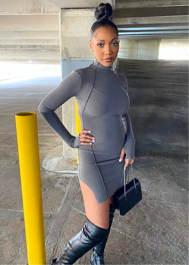 Grey Skylar Thumb Hole Long Sleeve Bodycon Dress