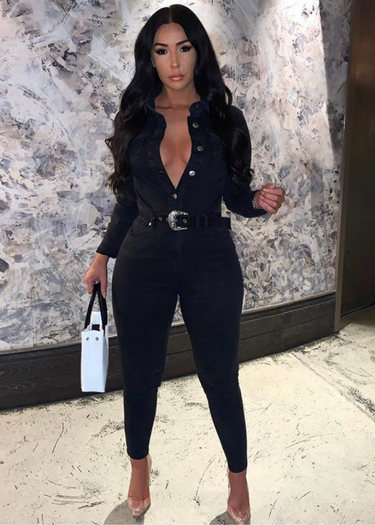 Black Angela Button Up Denim Jumpsuit & Western Belt