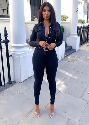Black Angela Button Up Denim Jumpsuit & Western Belt